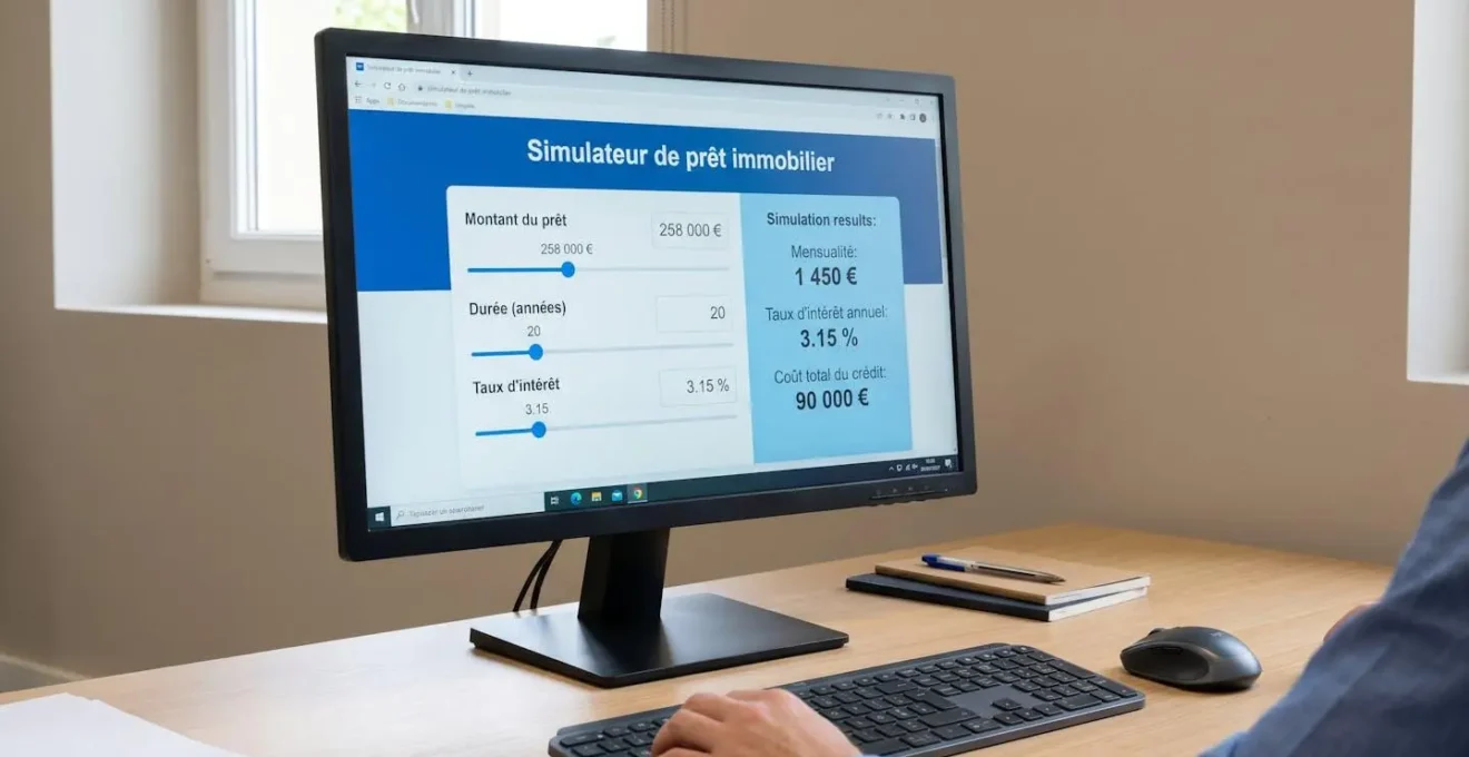 Écran d'ordinateur affichant une simulation de prêt immobilier avec montants d'emprunt, mensualités et taux d'intérêt visibles en euros
