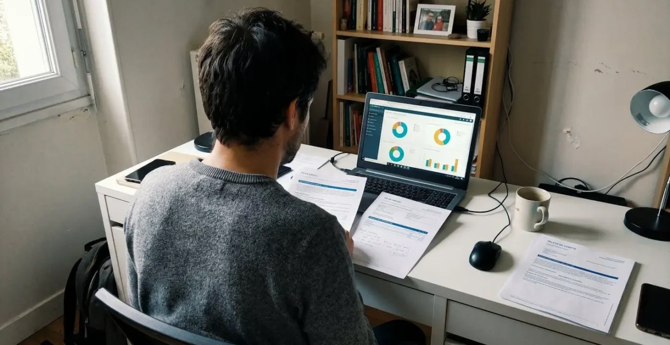 Une personne vue de dos consulte des documents de simulation de prêt immobilier et des brochures bancaires étalés sur une table de cuisine, avec un ordinateur portable ouvert