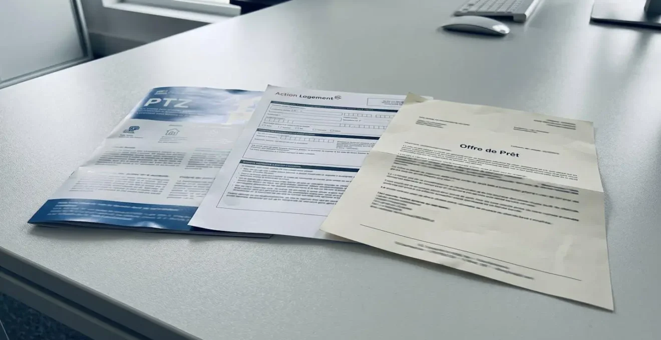 Gros plan de trois documents officiels côte à côte sur un bureau : une brochure PTZ 2026, un formulaire Action Logement et une offre de prêt bancaire