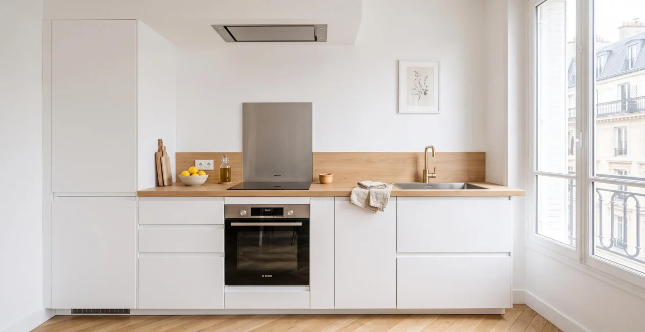 Cuisine contemporaine aménagée avec meubles blancs laqués et électroménager encastré dans appartement français moderne